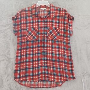 Western Cowgirl Plaid XL Shirt Button Down Short Sleeve Chiffon Orange‎ Adara